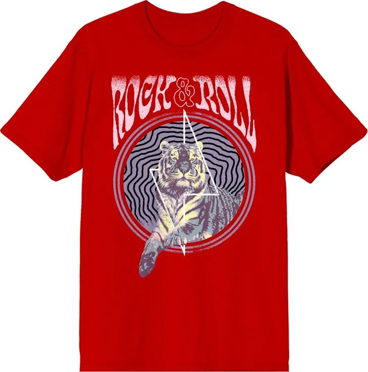 Vintage-Style "Rock N Roll" Tiger Men's Red Short Sleeve Crew Neck Tee-Large