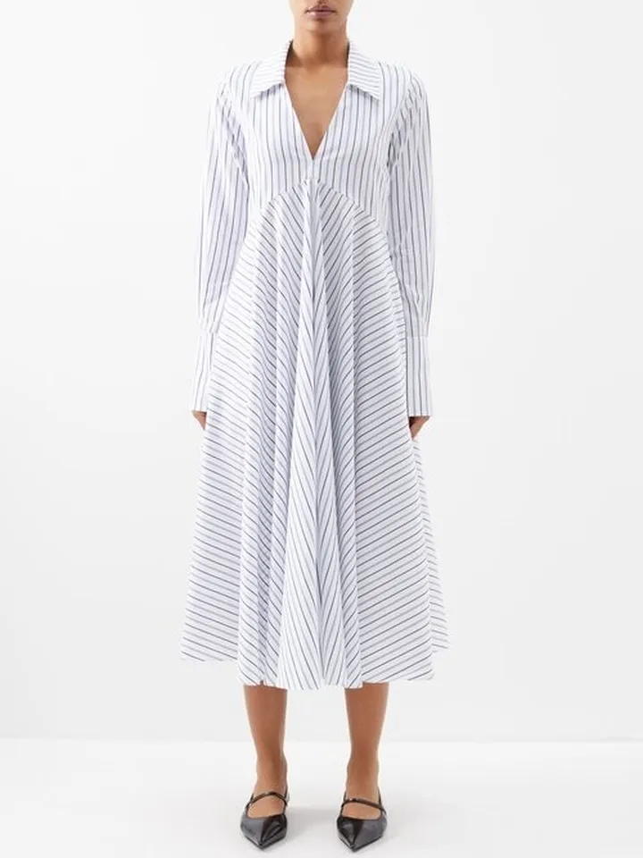 Striped V-neck Cotton Midi Shirt Dress
