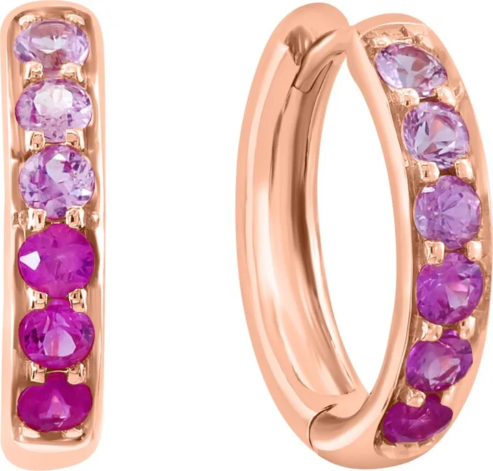 14K Rose Gold Plated Pink Sapphire Huggie Hoop Earrings