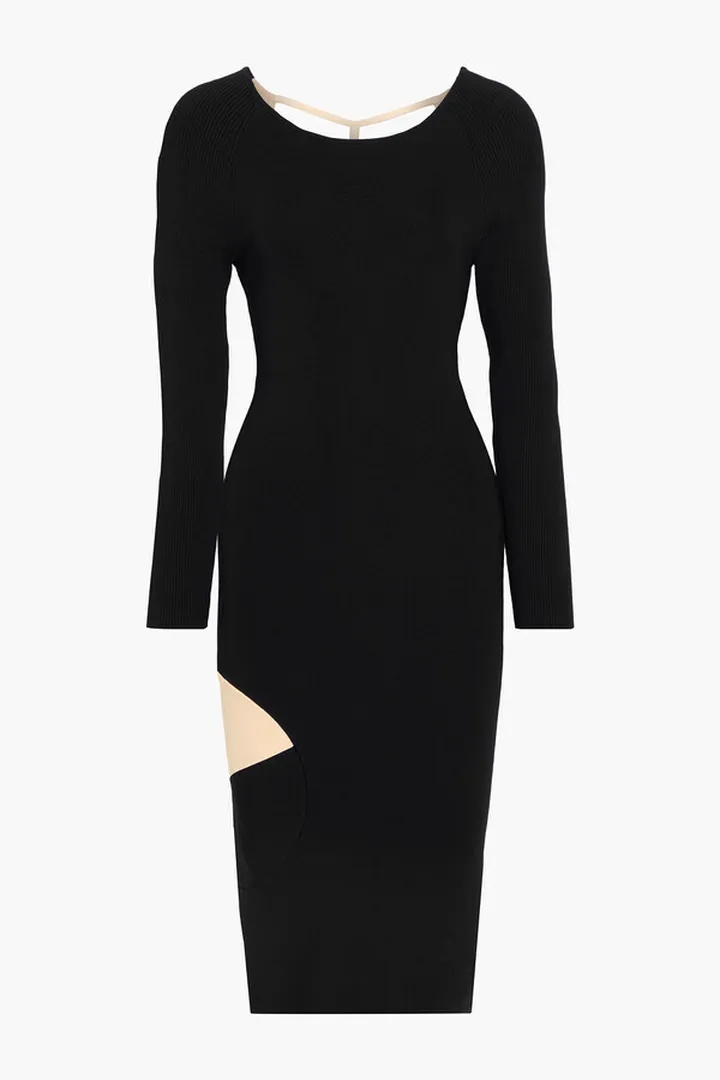 Open-back two-tone ribbed-knit midi dress