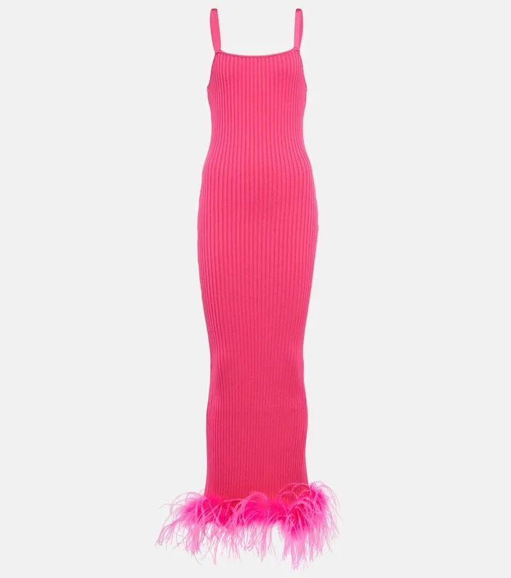 Rib-knit feather-trimmed dress
