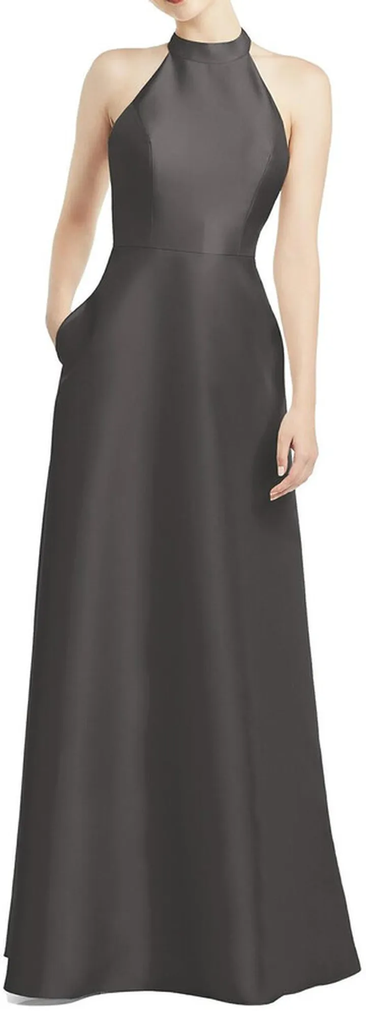 High-Neck Cutout Satin Dress with Pockets
