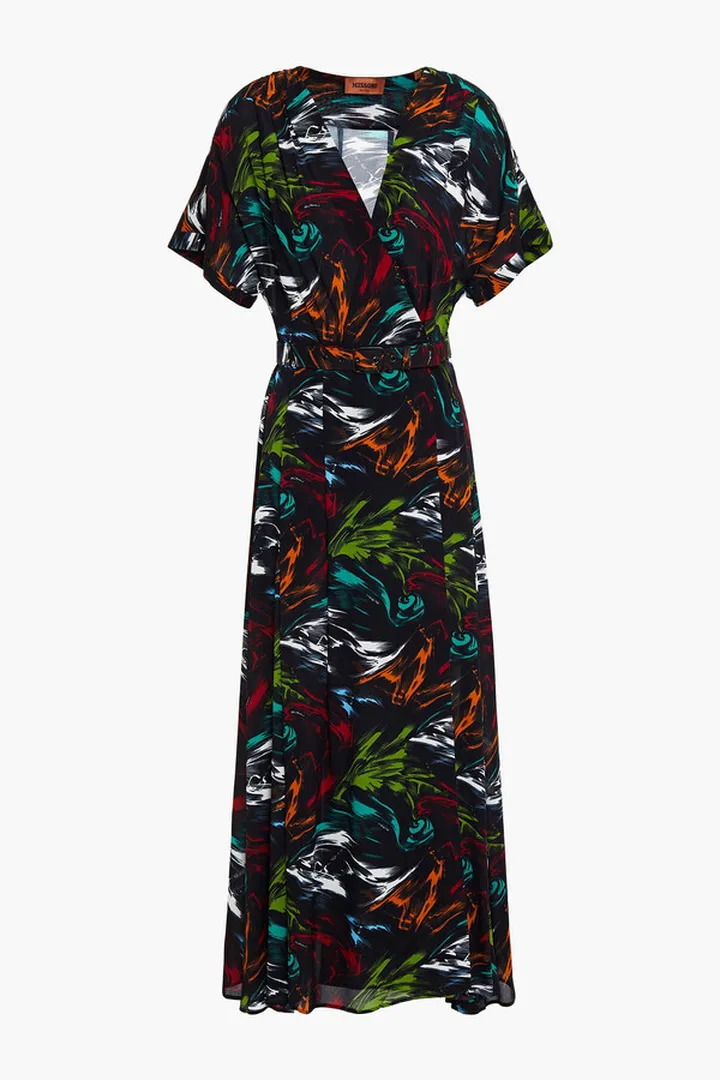 Belted pleated printed crepe maxi dress