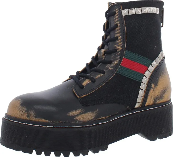 Burner Womens Leather Mixed Media Combat & Lace-up Boots