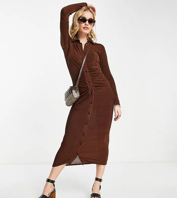 ASYOU textured slinky midi ruched shirt dress in chocolate