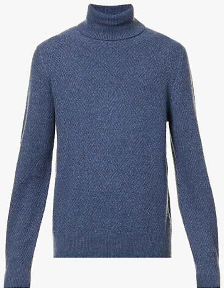 Mens upply Blue Melange Diamond-pattern Roll-neck Cashmere Knitted Jumper