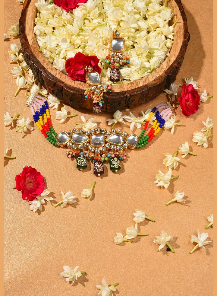 Gold Plated Kundan Beaded Necklace and Earring Set