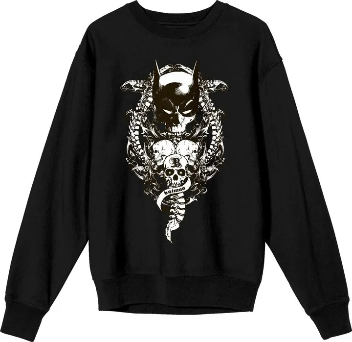 Batman Bat Mask With Three Skulls Men’s Black Crew Neck Long Sleeve Graphic Sweatshirt-XXL