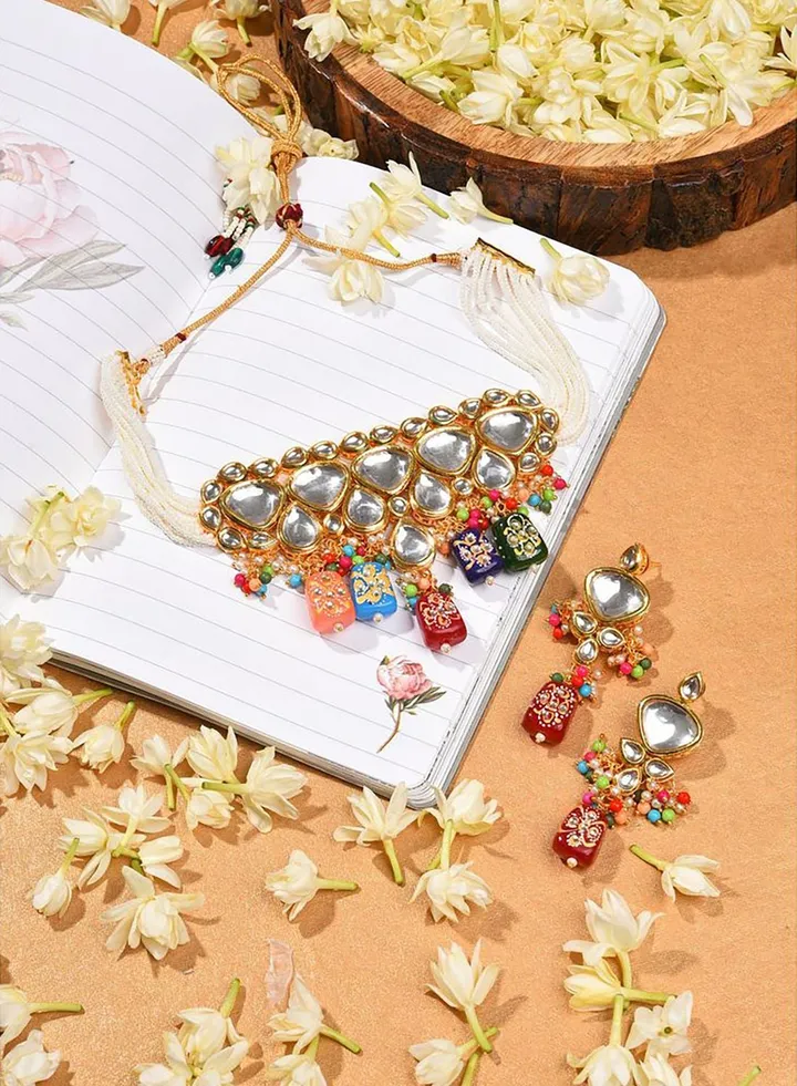 Gold Plated Kundan Beaded Necklace and Earring Set