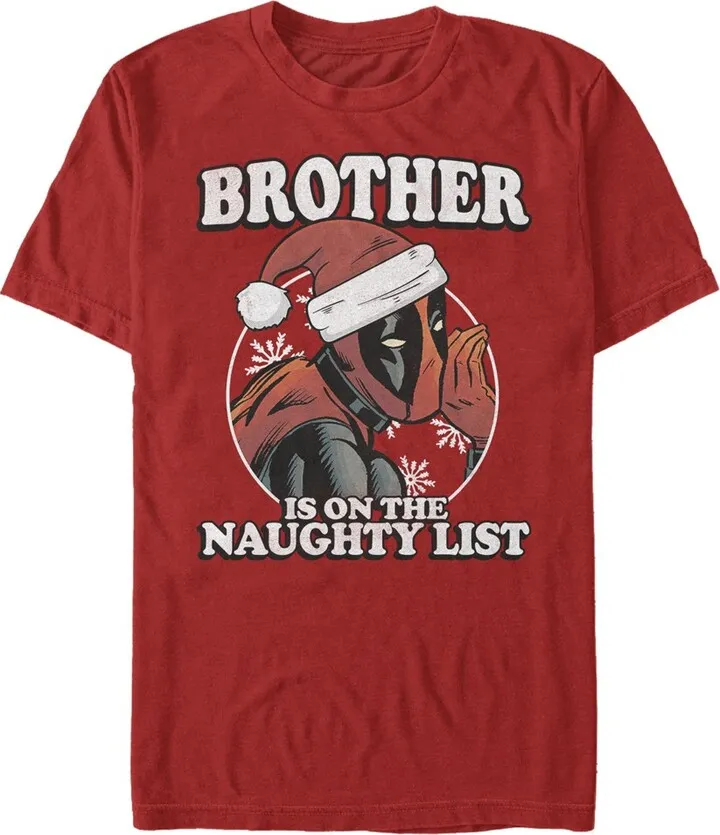 Men's Marvel Christmas Deadpool Brother on Naughty List T-Shirt - Red - Medium