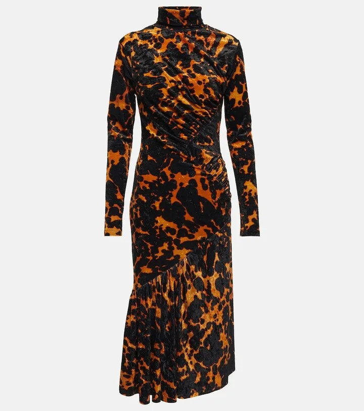 Printed stretch-velvet midi dress