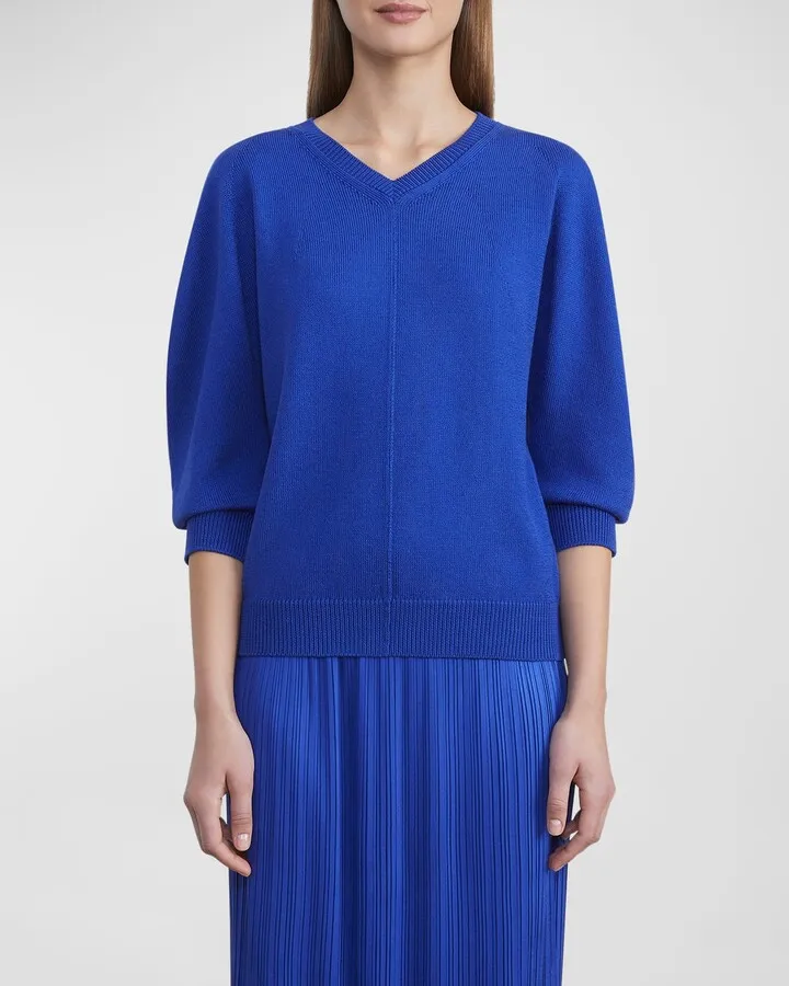 Ribbed Blouson-Sleeve V-Neck Sweater