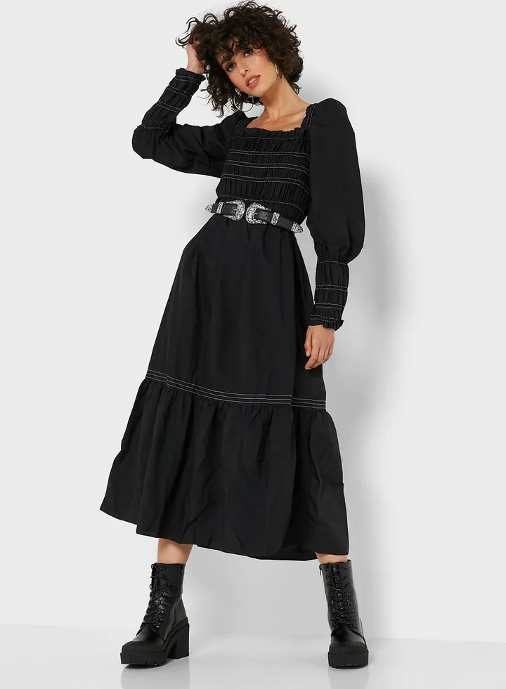 Puff Sleeve Ruffle Hem Shirred Dress