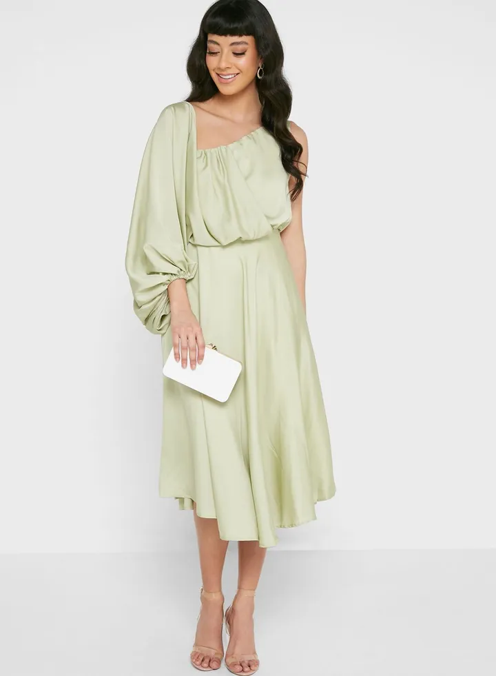 One Shoulder Balloon Sleeve Skater Dress