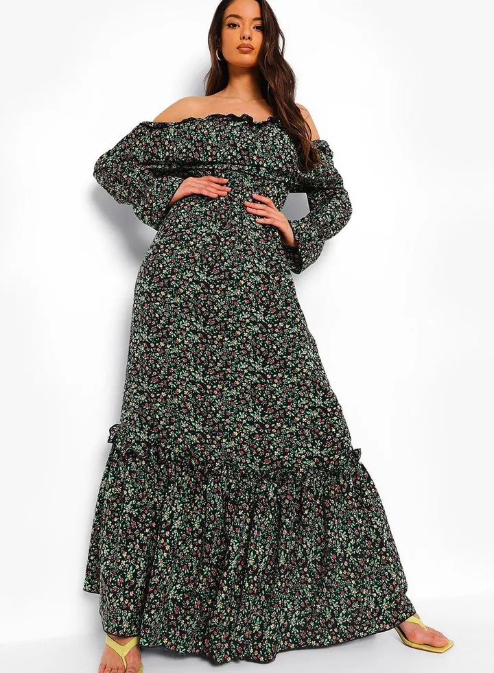 Bardot Ruffle Detail Printed Dress