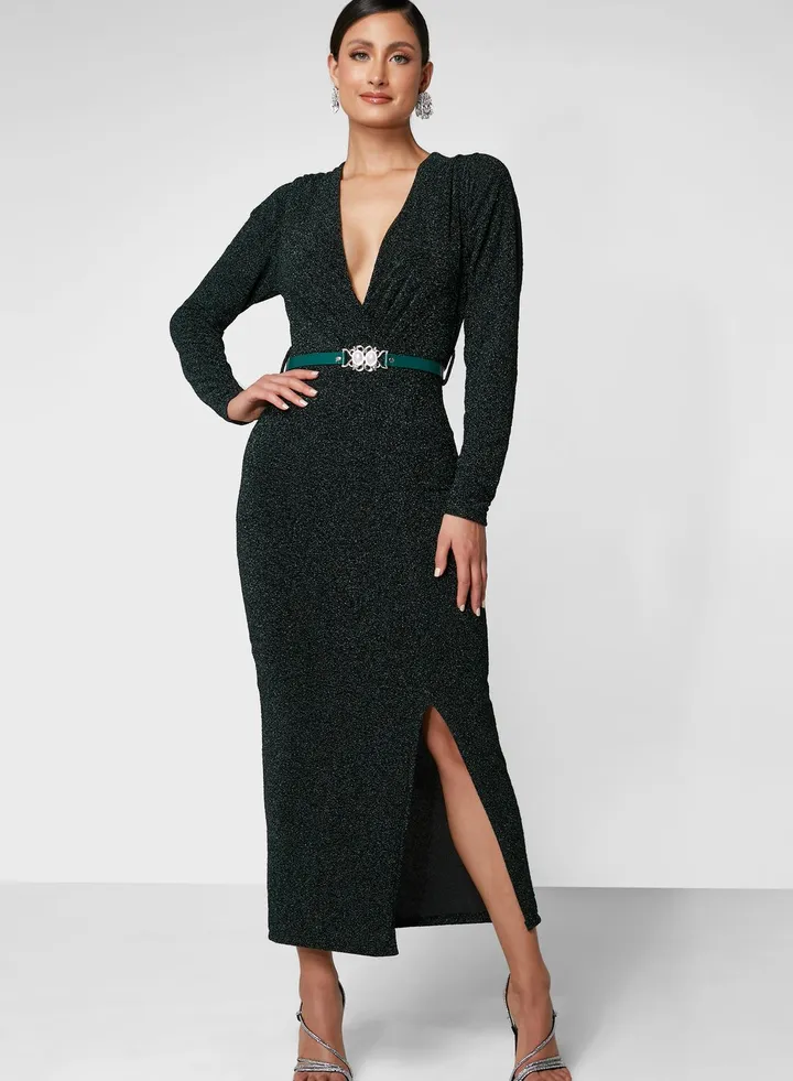Belted Detail Slit Dress