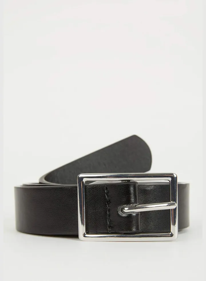Woman Rectangle Buckle Faux Leather Jean Belt