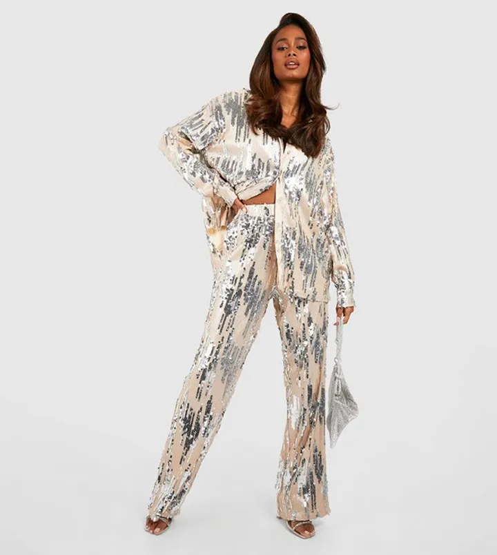 Tonal Sequin Wide Leg Trousers