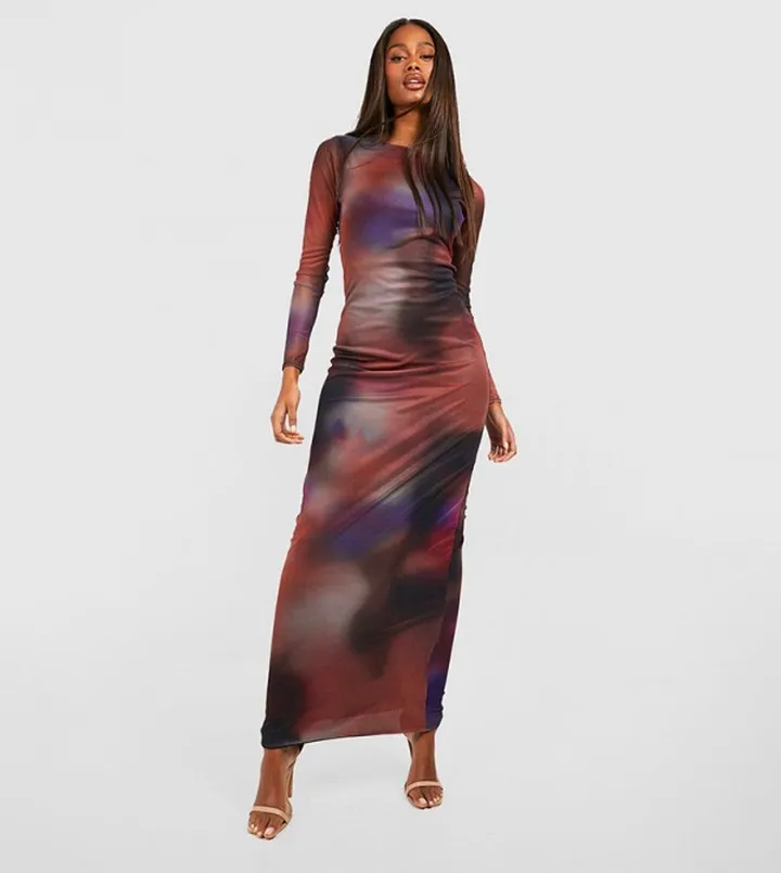Abstract Mesh Long Sleeves Maxi Dress