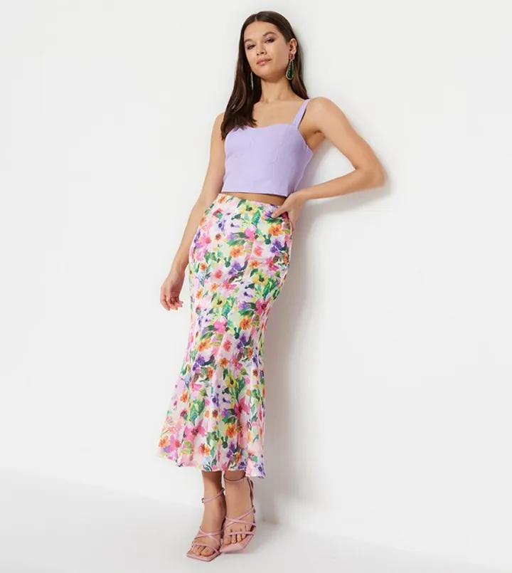 Floral Print Fish Cut Skirt