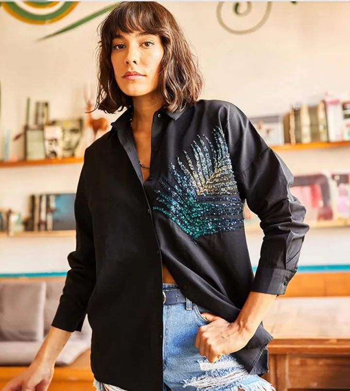 Sequined Long Sleeves Oversized Shirt