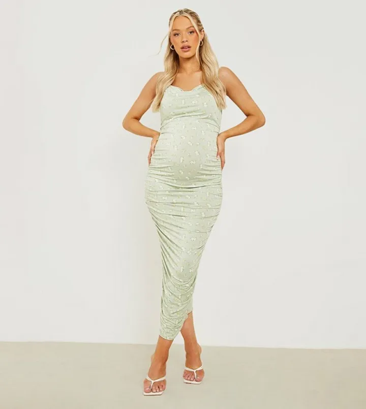 Maternity Floral Cowl Ruched Midi Dress