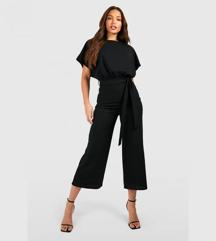 Tall Slash Neck Tie Waist Culotte Jumpsuit