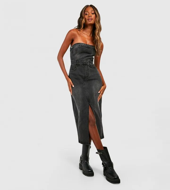 Denim Bandeau Split Front Midi Dress