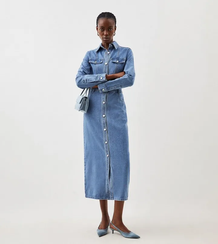 Denim Long Sleeves Midi Shirt Dress