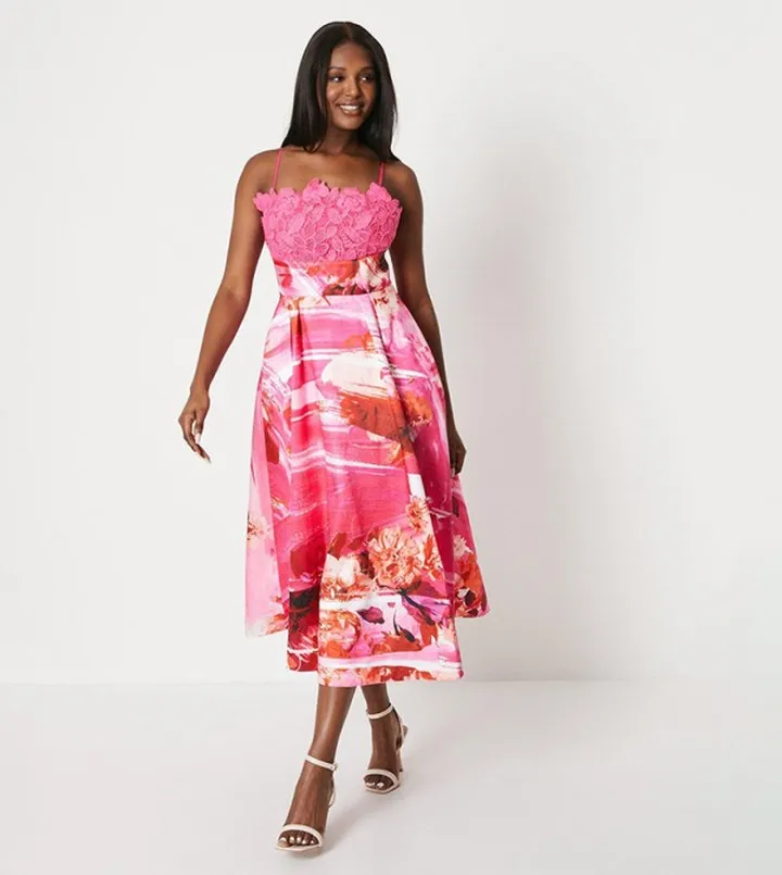Lace Bodice Organza Skirt Midi Dress