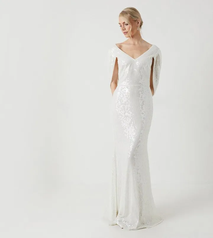 Sheer Sequin Cape Back Bridal Dress