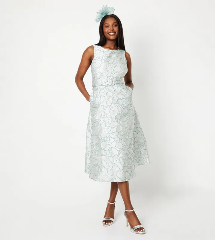 Belted Jacquard Midi Dress