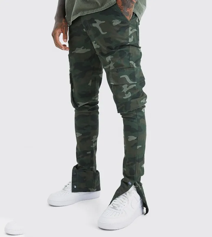 Skinny Stacked Popper Hem Camo Cargo Trousers