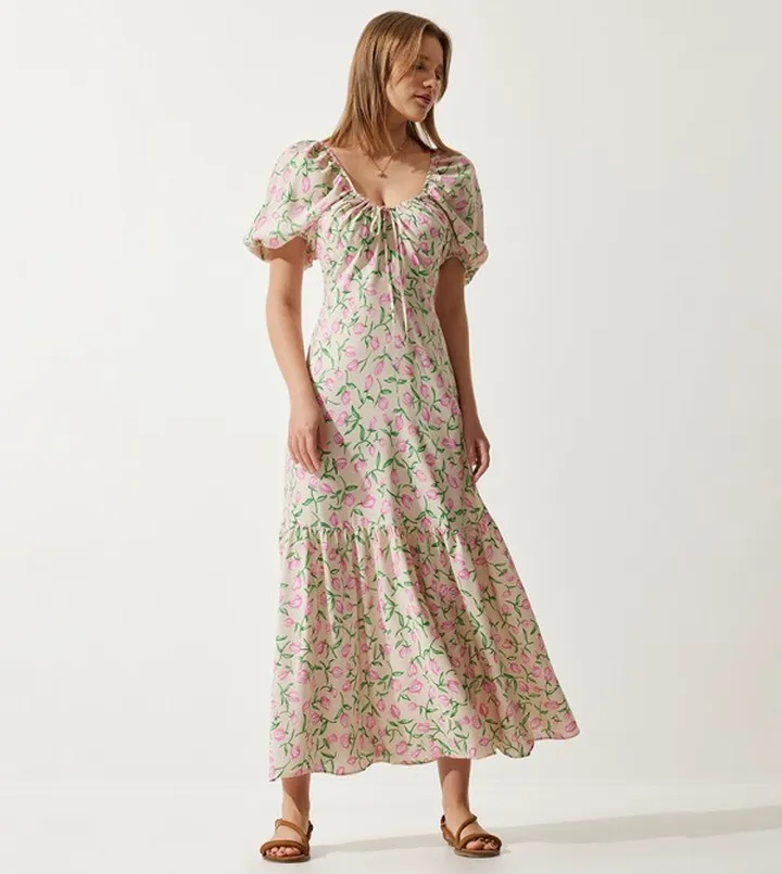 Printed Balloon Sleeves Midi Dress