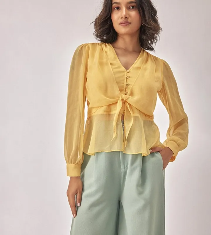 Tie Detail Bishop Sleeves Top