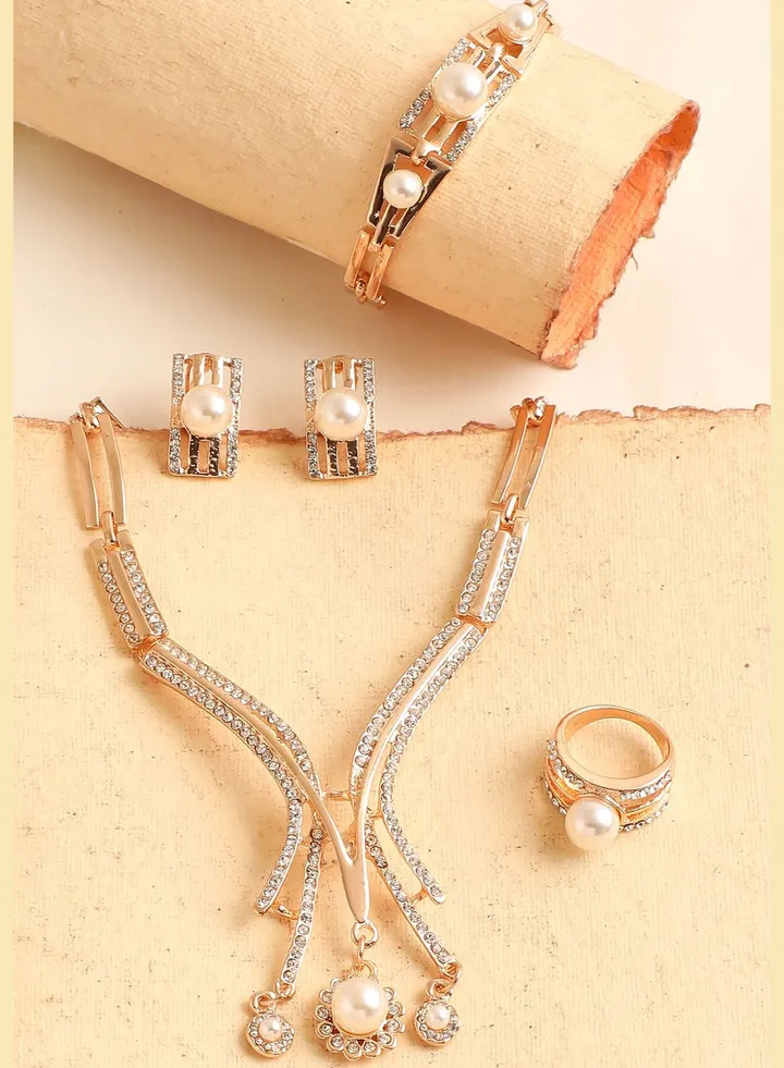 Gold Plated Designer Stone Necklace, Earring, Ring and Bracelet Set