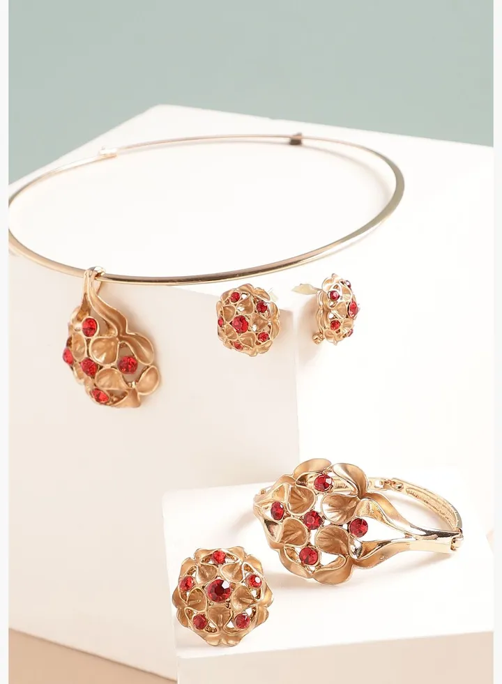 Gold Plated Designer Stone Party Necklace, Earring, Ring and Bracelet Set For Women