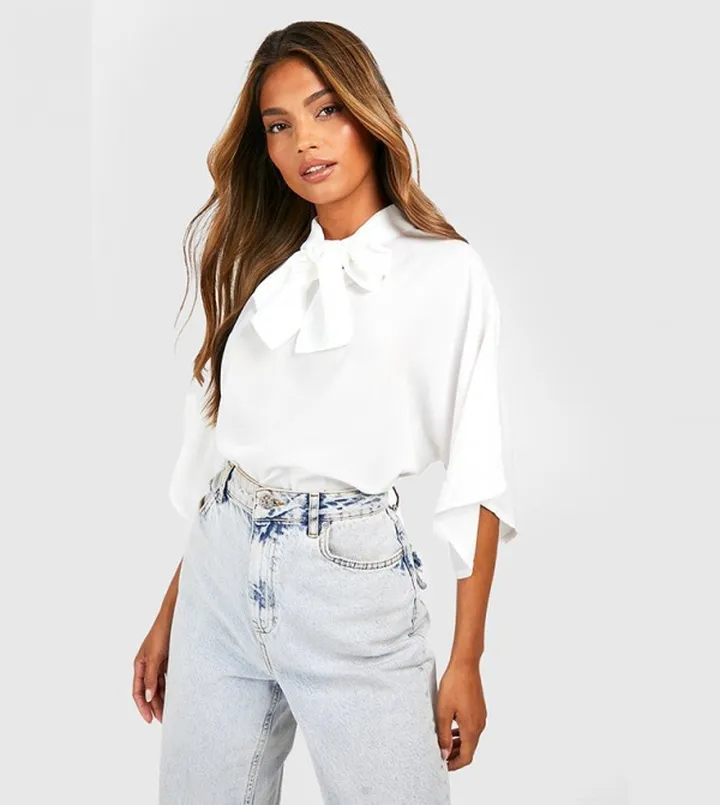 Woven Tie Neck Floaty Flared Sleeves Top
