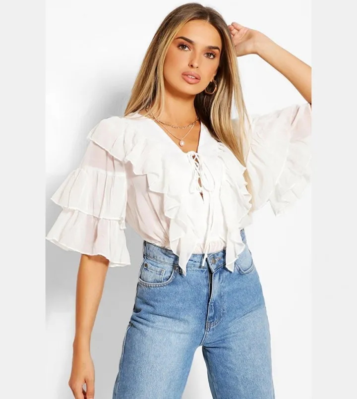 Woven Ruffle Lace Up Top