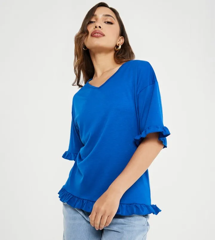 V-Neck Ruffle Detail Longline T-Shirt
