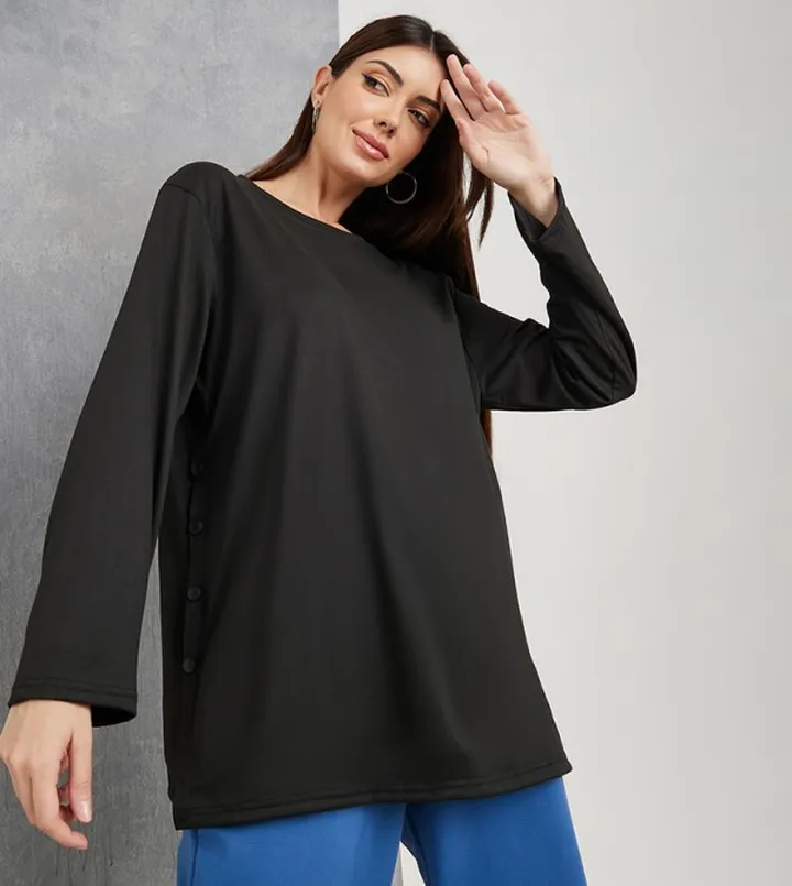 Side Snap Button Detail Longline T-Shirt