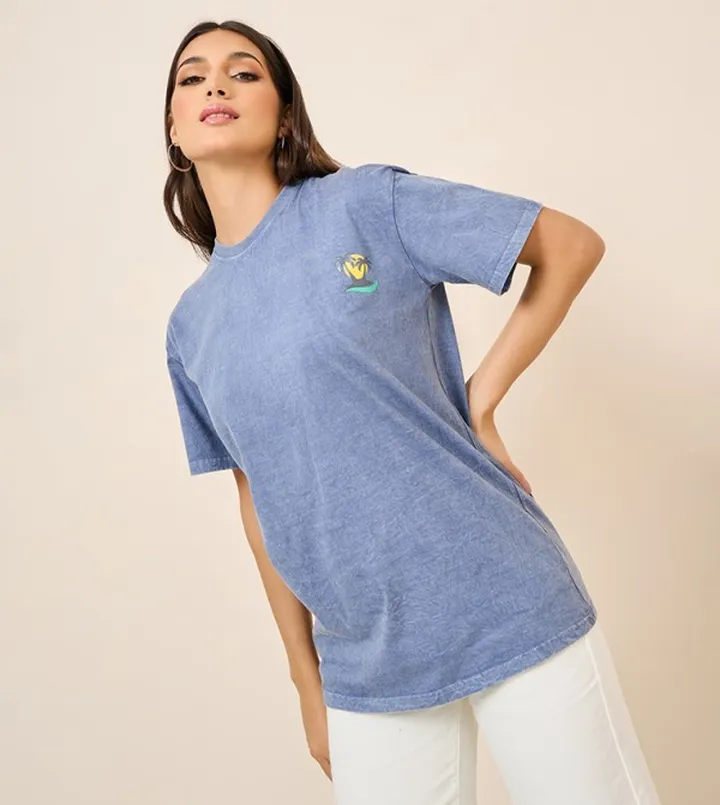 Oversized Acid Washed Chest Graphic T-Shirt