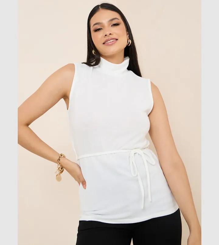 Ribbed High Neck Top with Tie Belt