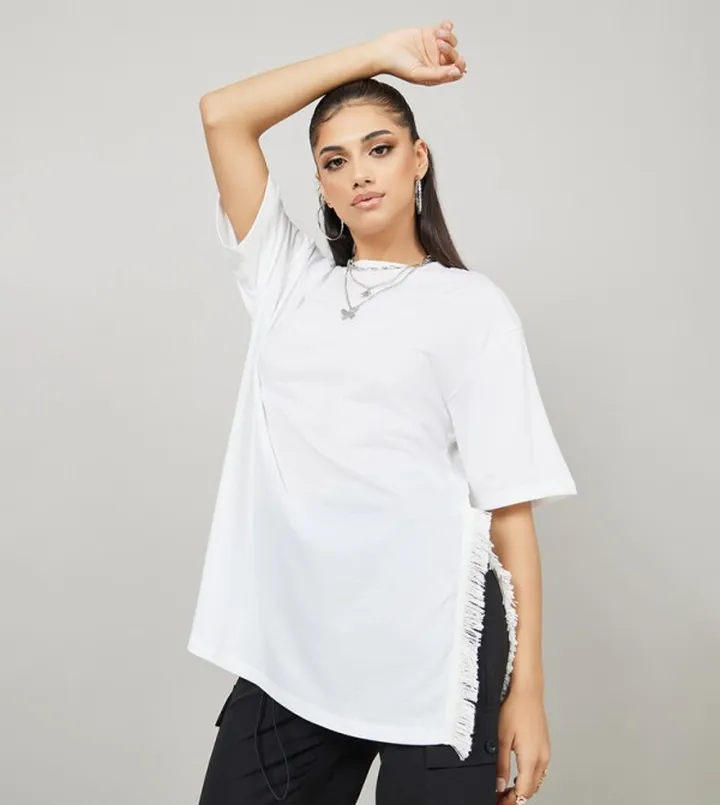 Oversized Side Slit Longline T-Shirt with Frayed Edge