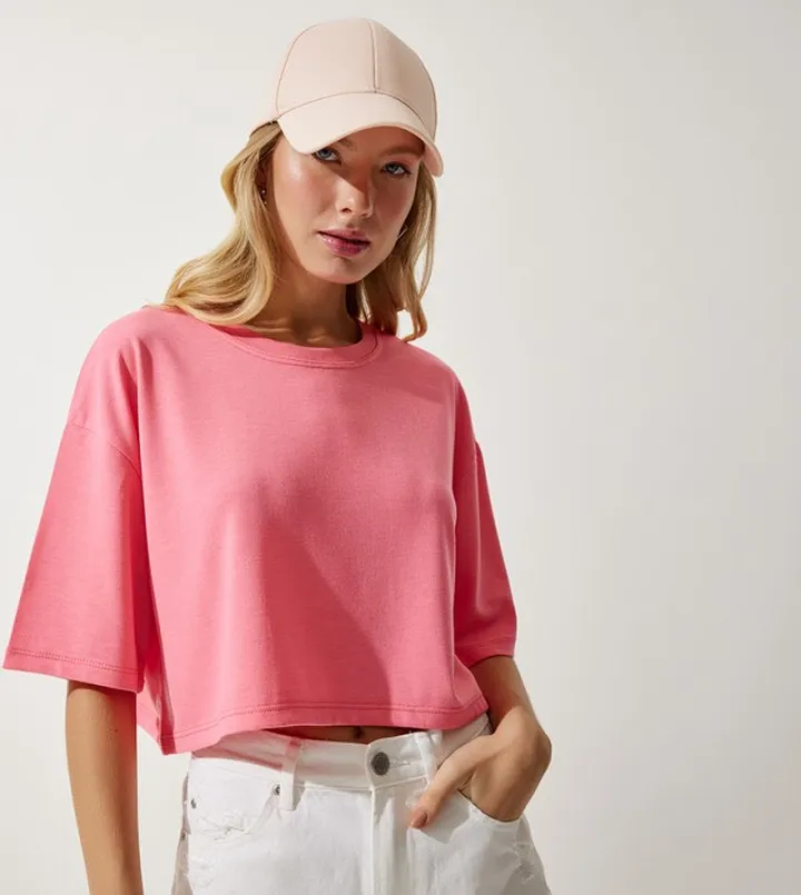 Solid Crew Neck Crop T-Shirt