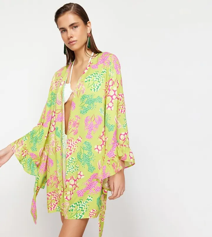 Printed Belted Ruffle Kimono