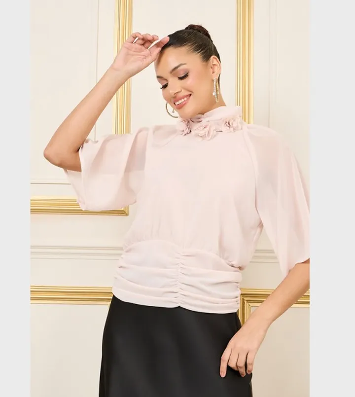 Floral Applique Gathered Detail Hem High Neck Top