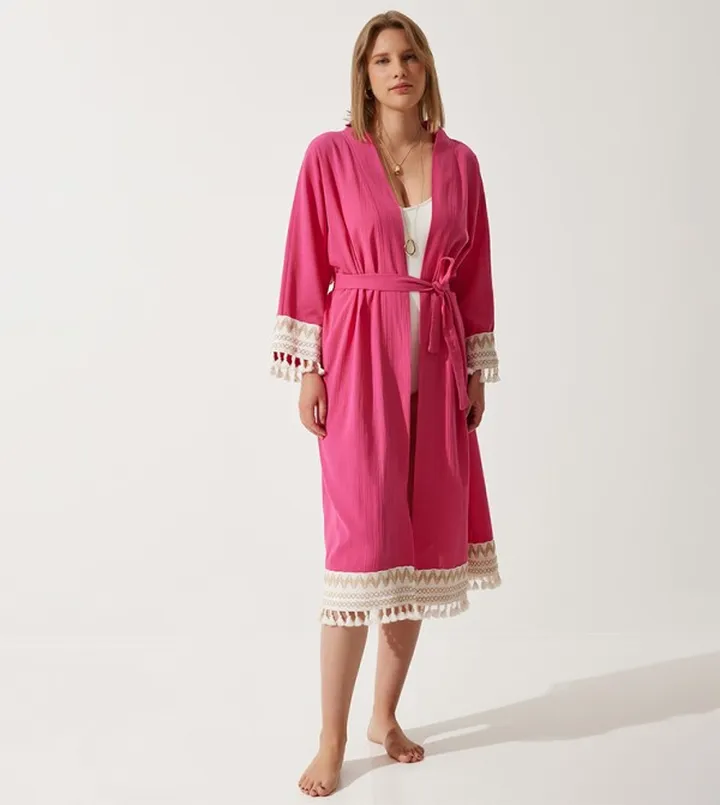 Lace Trim Tie Waist Kimono