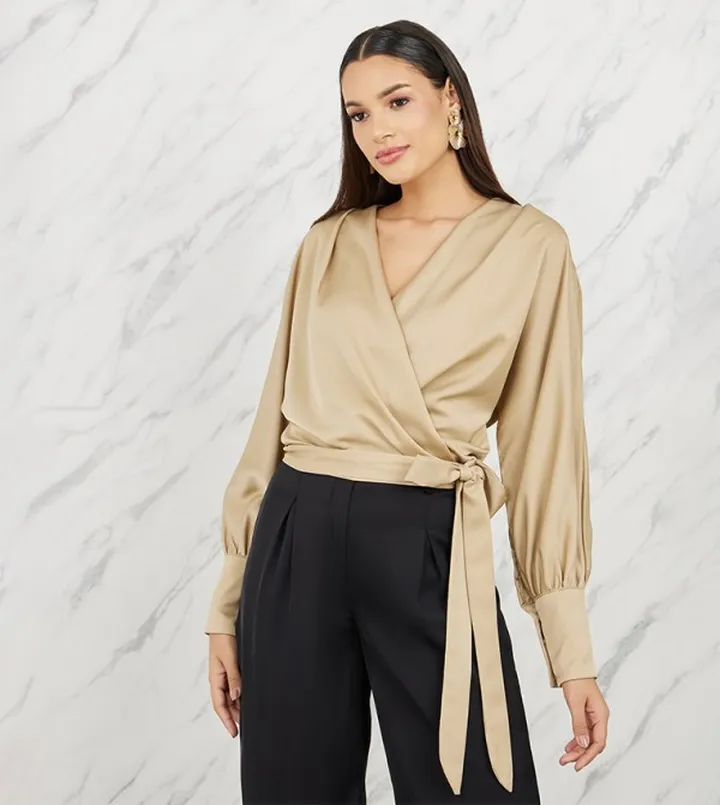 Satin Batwing Sleeves Wrap Top
