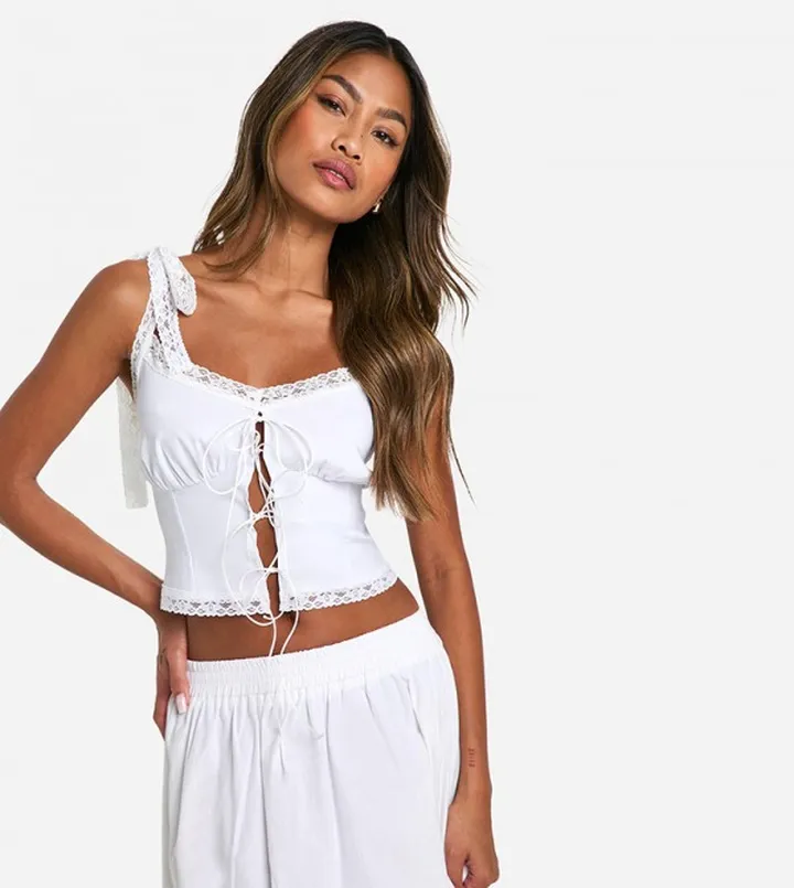 Lace Trim Tie Strap Corset Top